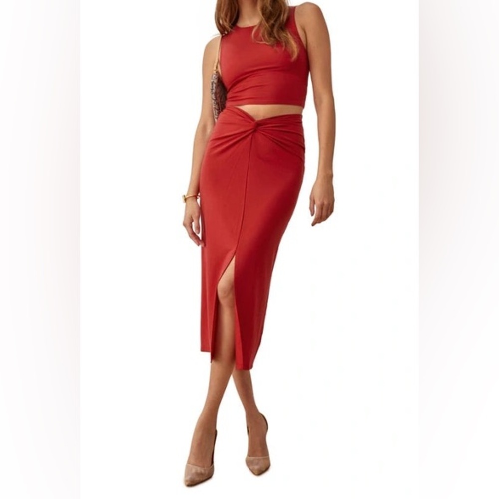 Reformation Rylan Knit Two Piece Skirt and Top Set in Cherry Red